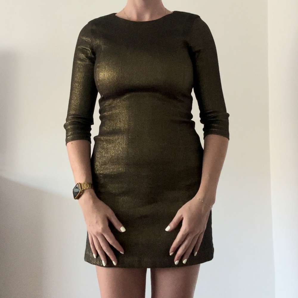 Zara Gold Bodycon Mini Dress Crew Neck 3/4 Sleeves